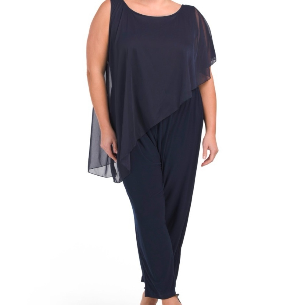 Tiana B Plus Size Made in the USA Cascade Ruffle‎ Overlay Jumpsuit in Navy Blue